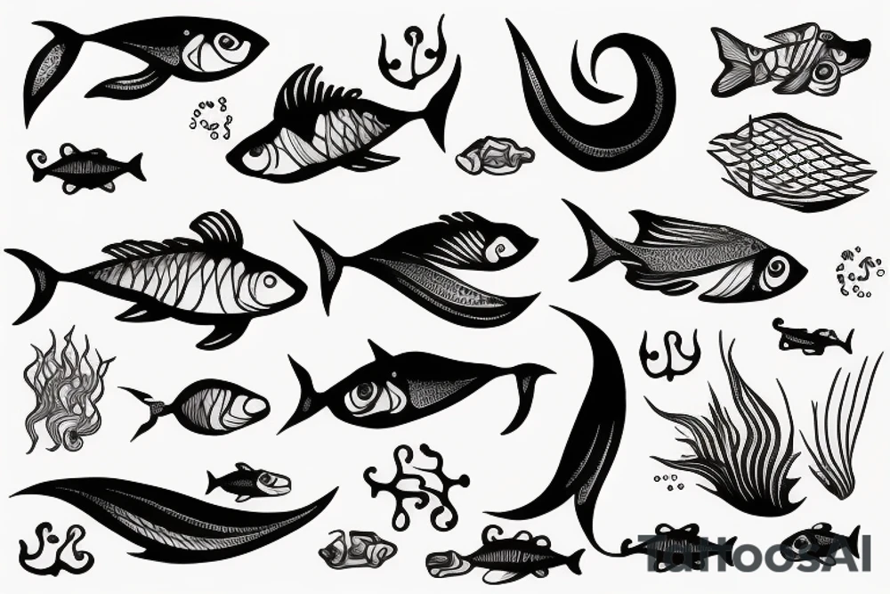 Fish with legs imerged in sea waves tattoo idea