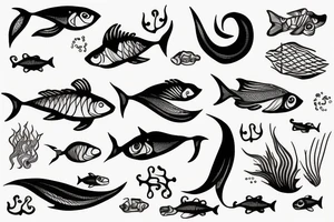Fish with legs imerged in sea waves tattoo idea