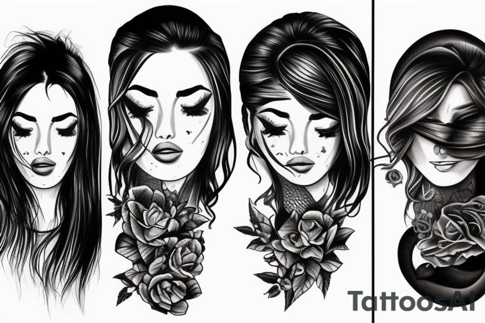 realistic woman with dark hair, eyes closed tattoo idea