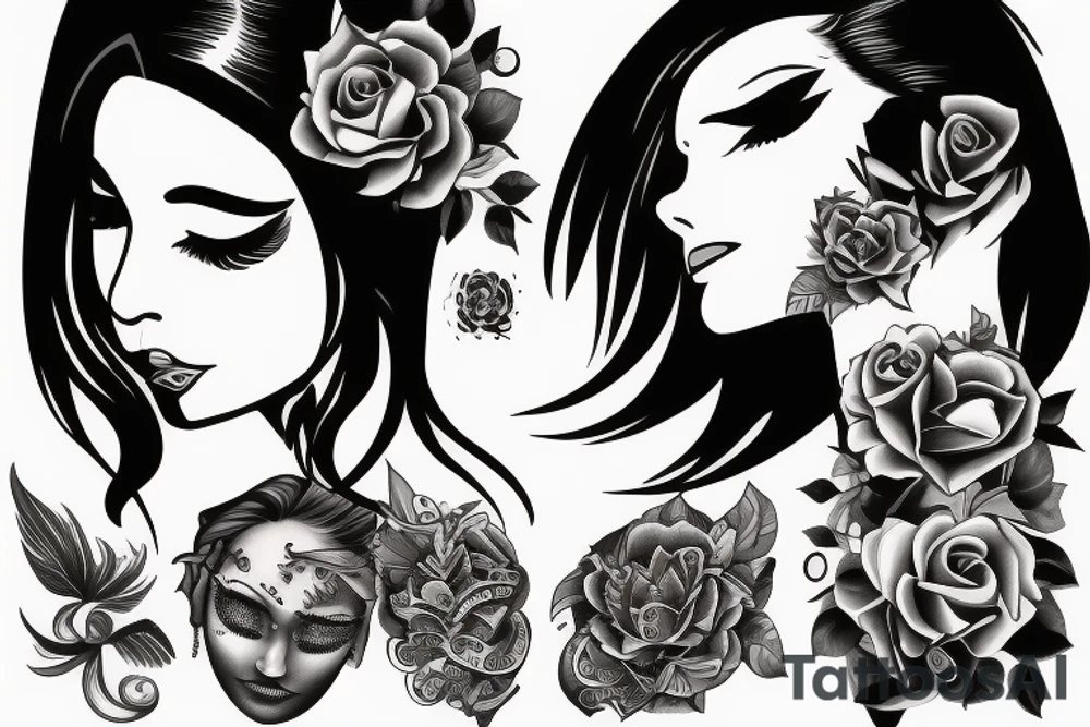 woman with dark hair, eyes closed, mascara running tattoo idea