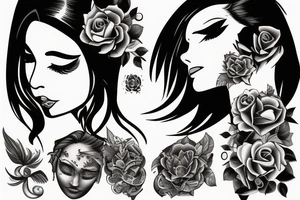 woman with dark hair, eyes closed, mascara running tattoo idea