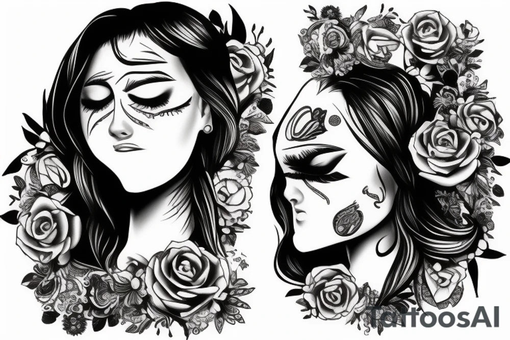 woman with dark hair, eyes closed, mascara running tattoo idea