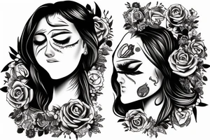 woman with dark hair, eyes closed, mascara running tattoo idea