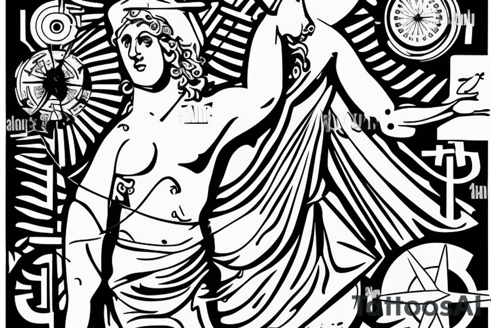 Greek statue in dancing position with compass in hand, pointing to travel. tattoo idea