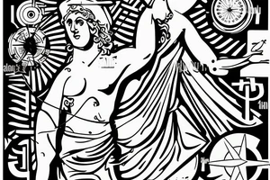 Greek statue in dancing position with compass in hand, pointing to travel. tattoo idea