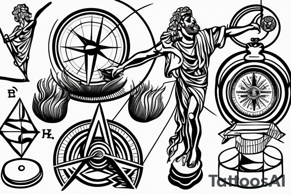 Greek statue in dancing position with compass in hand, pointing to travel. tattoo idea