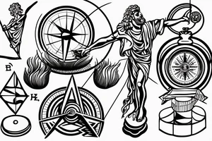 Greek statue in dancing position with compass in hand, pointing to travel. tattoo idea