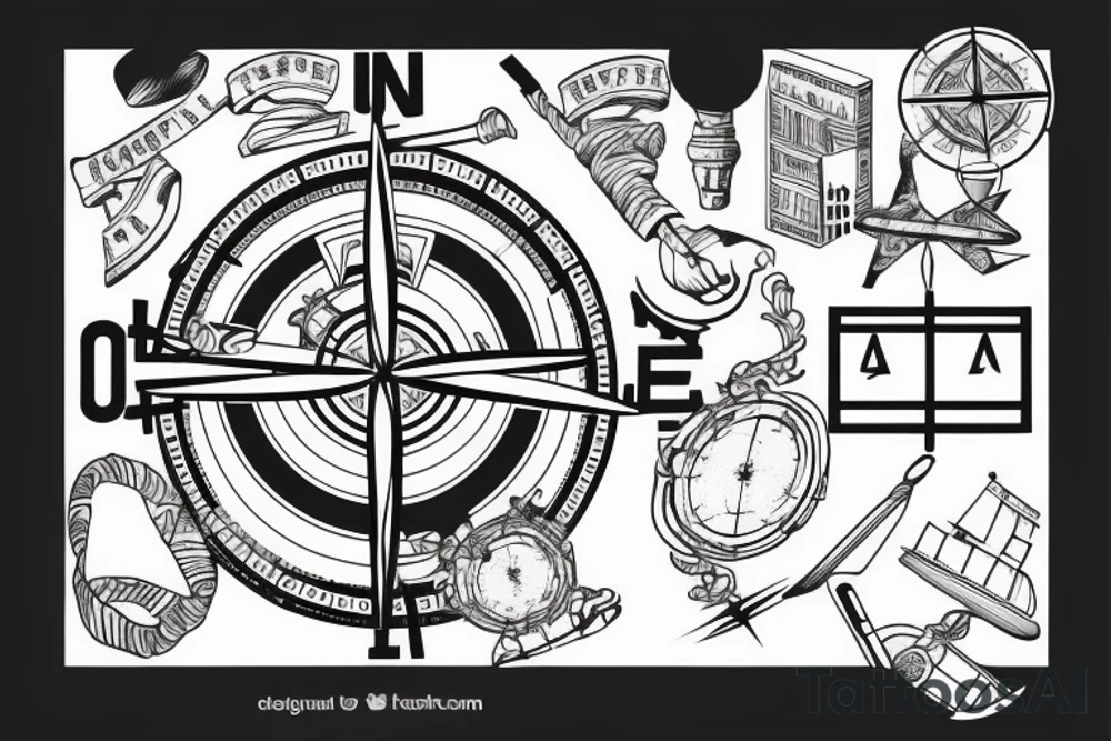 Greek statue in dancing position with compass in hand, pointing to travel, made with thin line tattoo idea