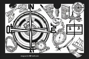 Greek statue in dancing position with compass in hand, pointing to travel, made with thin line tattoo idea