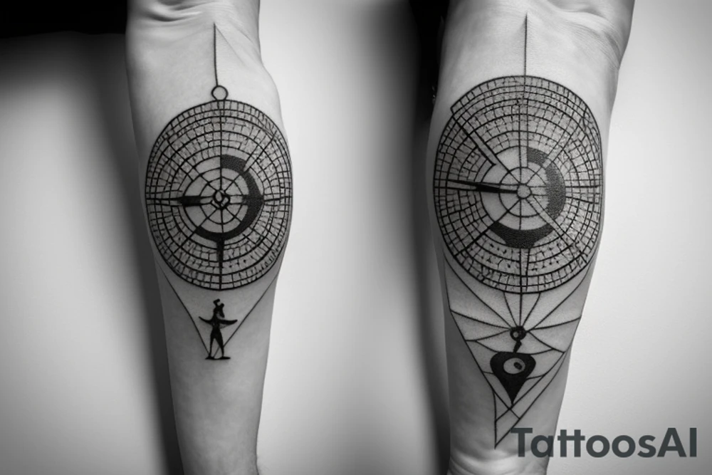 Greek statue in dancing position with compass in hand, pointing to travel, made with thin line tattoo idea