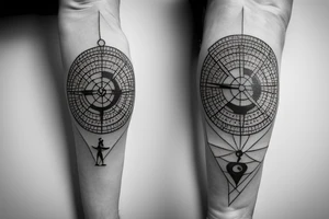 Greek statue in dancing position with compass in hand, pointing to travel, made with thin line tattoo idea
