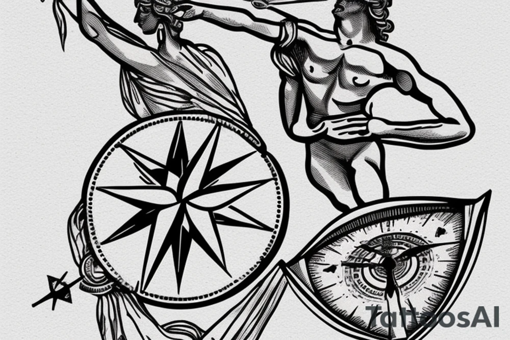 Greek statue in dancing position with compass in hand, pointing to travel, made with thin line tattoo idea