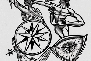 Greek statue in dancing position with compass in hand, pointing to travel, made with thin line tattoo idea