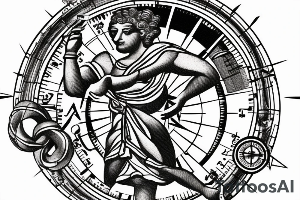 Greek statue in dancing position with compass in hand, pointing to travel, made with thin line tattoo idea