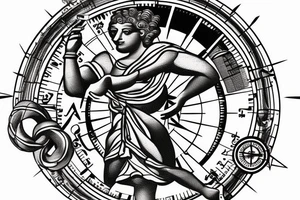 Greek statue in dancing position with compass in hand, pointing to travel, made with thin line tattoo idea