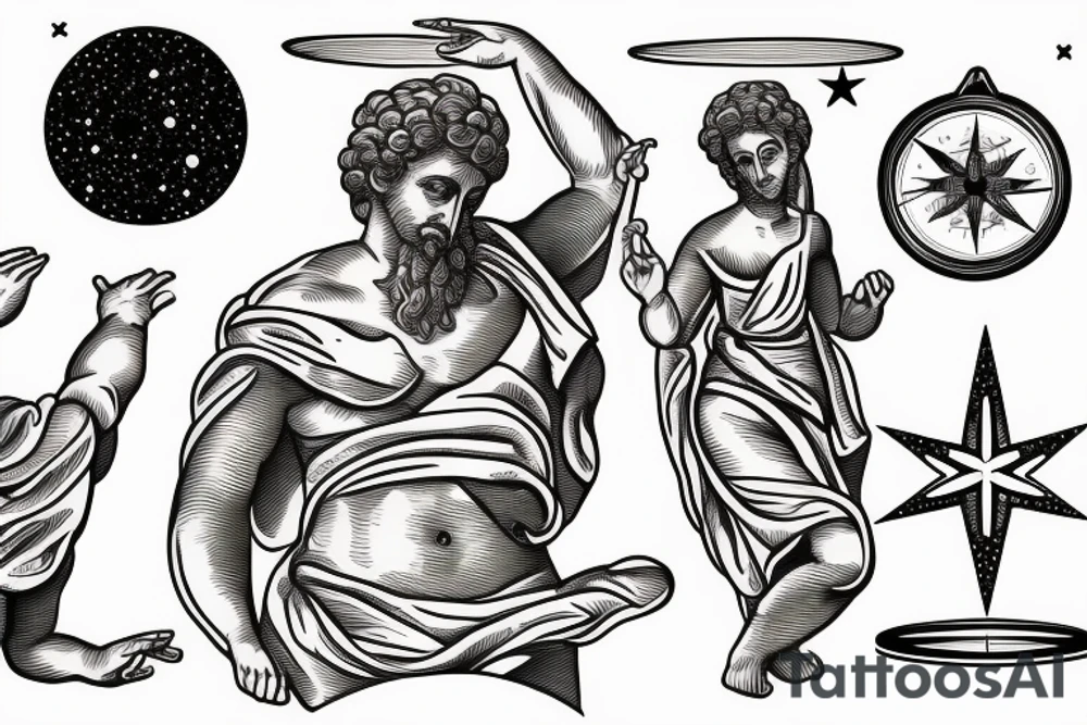 Greek statue in dancing position with compass at hand pointing to starry sky over mountains. Made with thin line tattoo idea