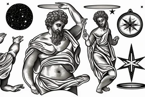 Greek statue in dancing position with compass at hand pointing to starry sky over mountains. Made with thin line tattoo idea
