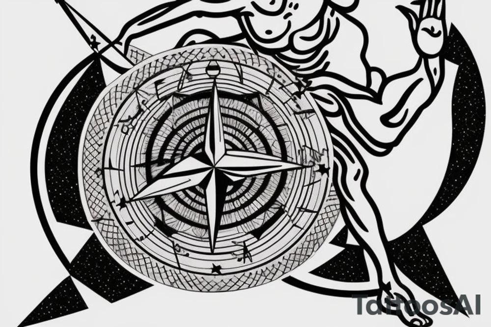 Greek statue in dancing position with compass at hand pointing to starry sky over mountains. Made with thin line tattoo idea