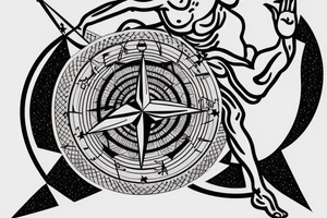 Greek statue in dancing position with compass at hand pointing to starry sky over mountains. Made with thin line tattoo idea