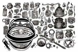 wizzard cooking an alchemy pot surrounded by the mysteries of the universe tattoo idea