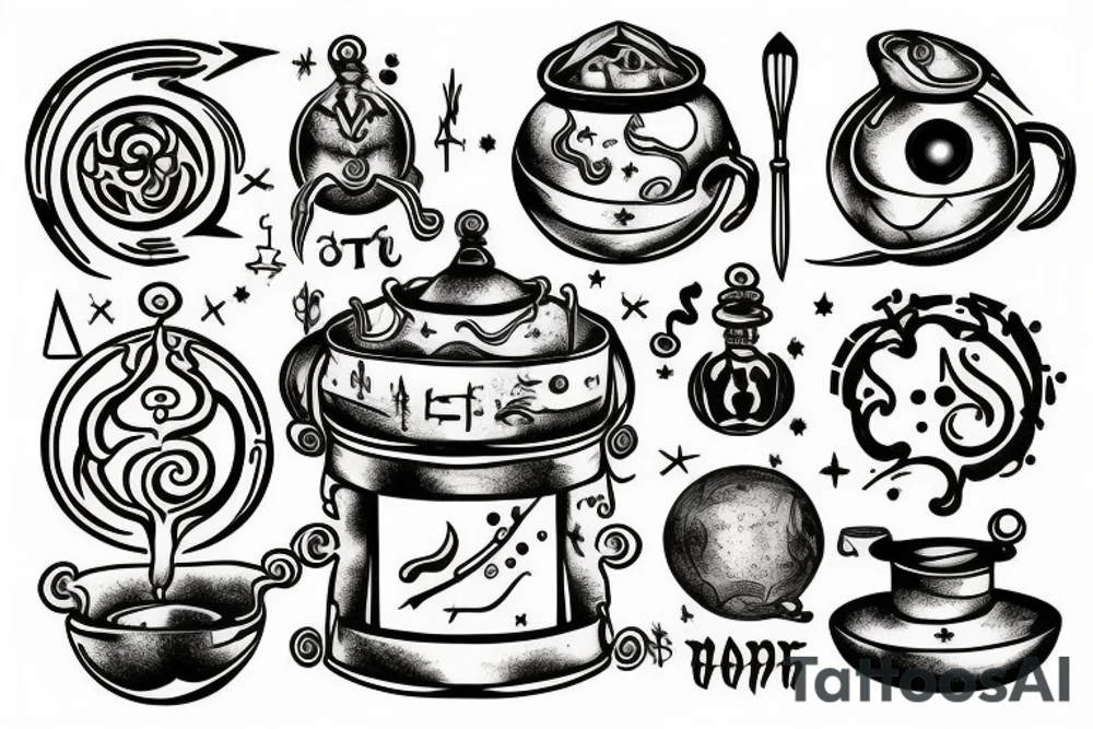 wizzard cooking an alchemy pot surrounded by the mysteries of the universe tattoo idea