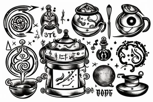 wizzard cooking an alchemy pot surrounded by the mysteries of the universe tattoo idea