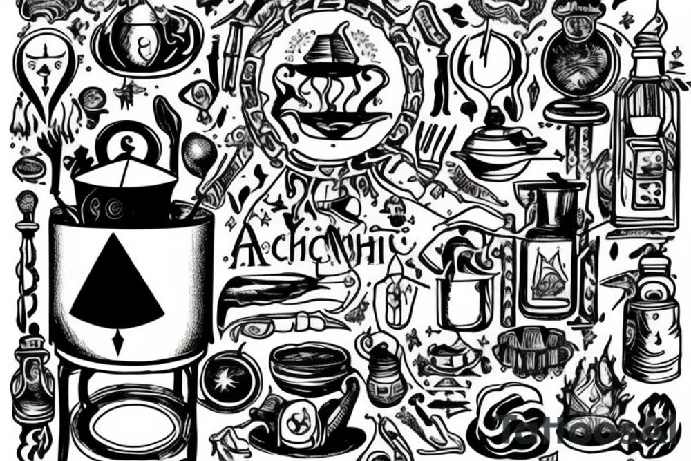 wizard cooking an alchemy pot surrounded by the mysteries of the universe tattoo idea