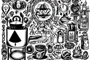 wizard cooking an alchemy pot surrounded by the mysteries of the universe tattoo idea