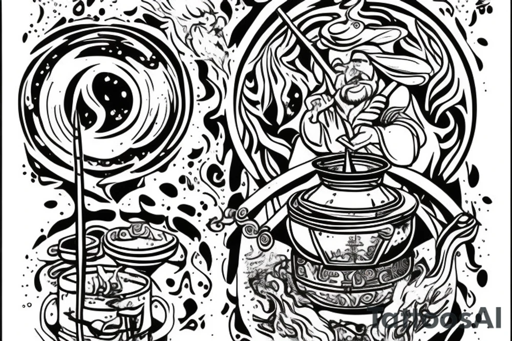 wizard cooking an alchemy pot surrounded by the mysteries of the universe tattoo idea