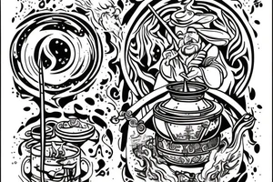 wizard cooking an alchemy pot surrounded by the mysteries of the universe tattoo idea