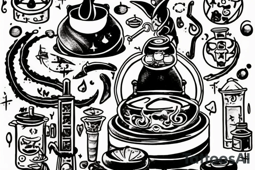 wizard cooking an alchemy pot surrounded by the mysteries of the universe tattoo idea