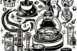 wizard cooking an alchemy pot surrounded by the mysteries of the universe tattoo idea