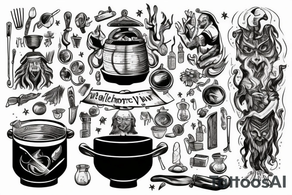 wizard cooking an alchemy pot surrounded by the mysteries of the universe tattoo idea