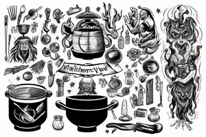 wizard cooking an alchemy pot surrounded by the mysteries of the universe tattoo idea
