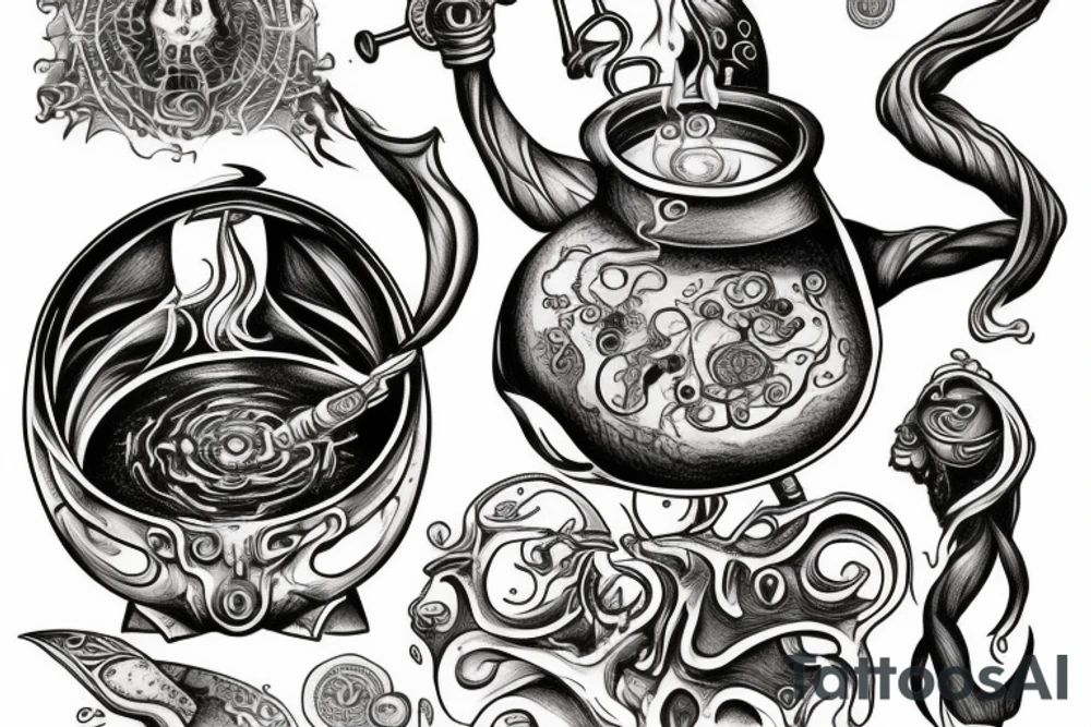 wizard cooking an alchemy pot surrounded by the mysteries of the universe tattoo idea