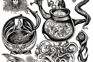 wizard cooking an alchemy pot surrounded by the mysteries of the universe tattoo idea
