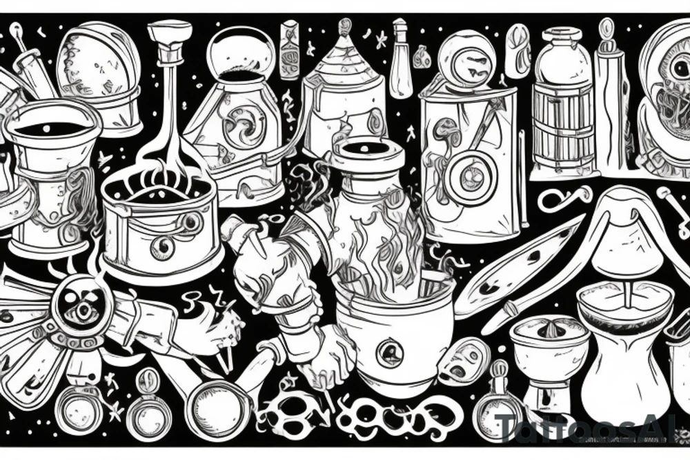 wizard cooking an alchemy pot surrounded by the mysteries of the universe tattoo idea