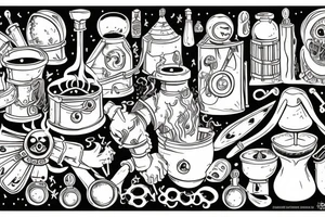 wizard cooking an alchemy pot surrounded by the mysteries of the universe tattoo idea