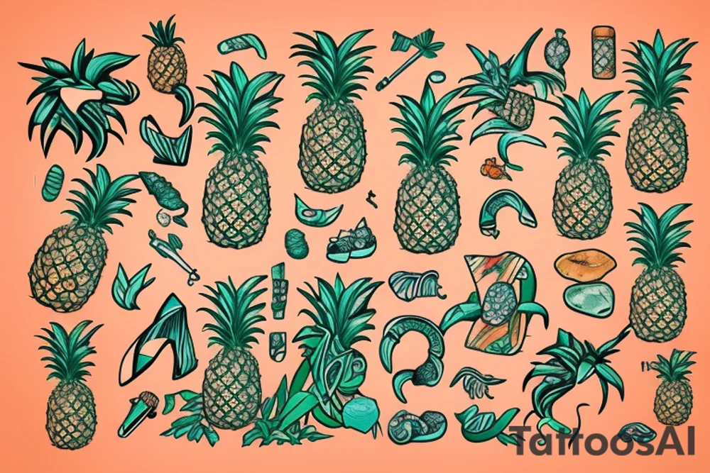pineapple in a beach with a jungle with cliffs tattoo idea