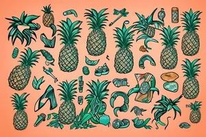 pineapple in a beach with a jungle with cliffs tattoo idea