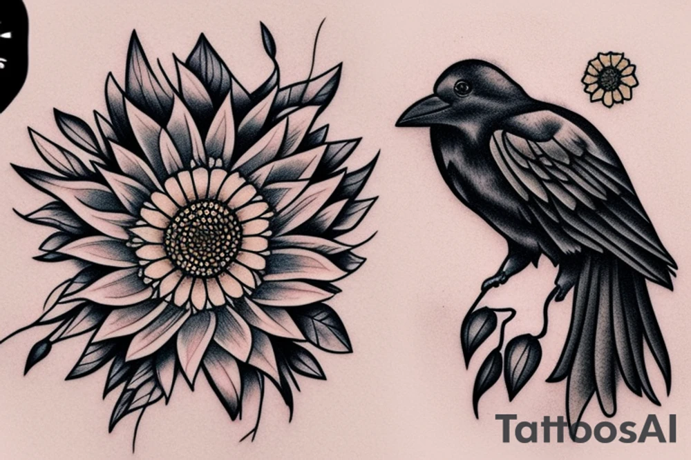 Raven and a sunflower inside a diamond shape tattoo idea