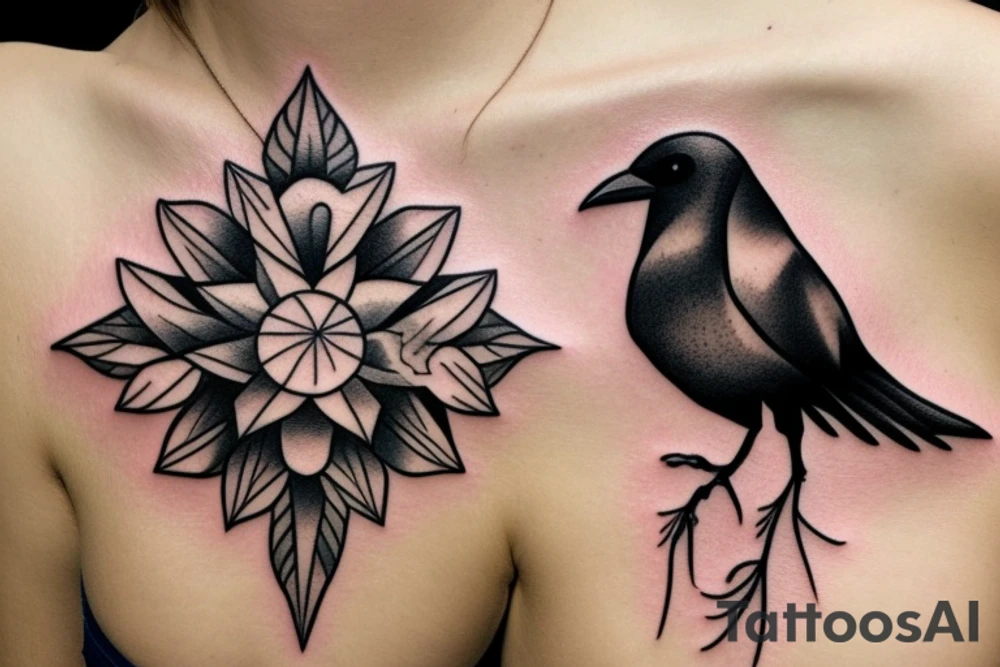 Raven and a sunflower inside a diamond shape outline tattoo idea