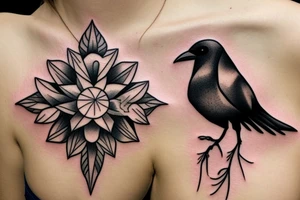 Raven and a sunflower inside a diamond shape outline tattoo idea