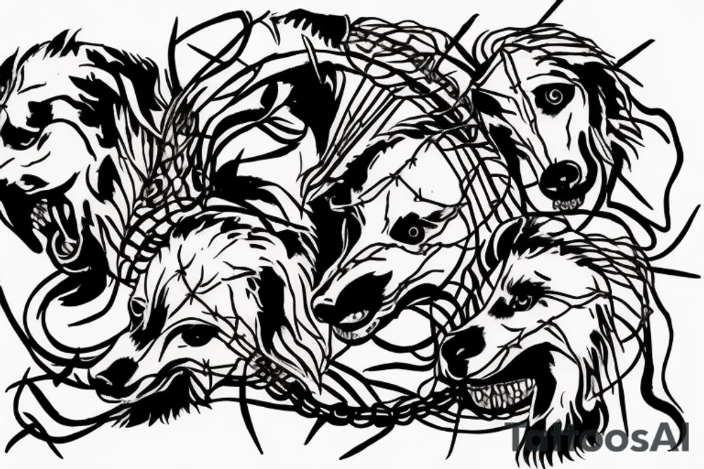 Depiction of Cerberus incorporating barbed wire tattoo idea
