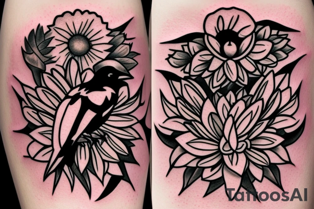 Raven and a sunflower inside a diamond shape outline tattoo idea