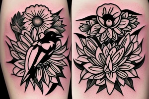 Raven and a sunflower inside a diamond shape outline tattoo idea