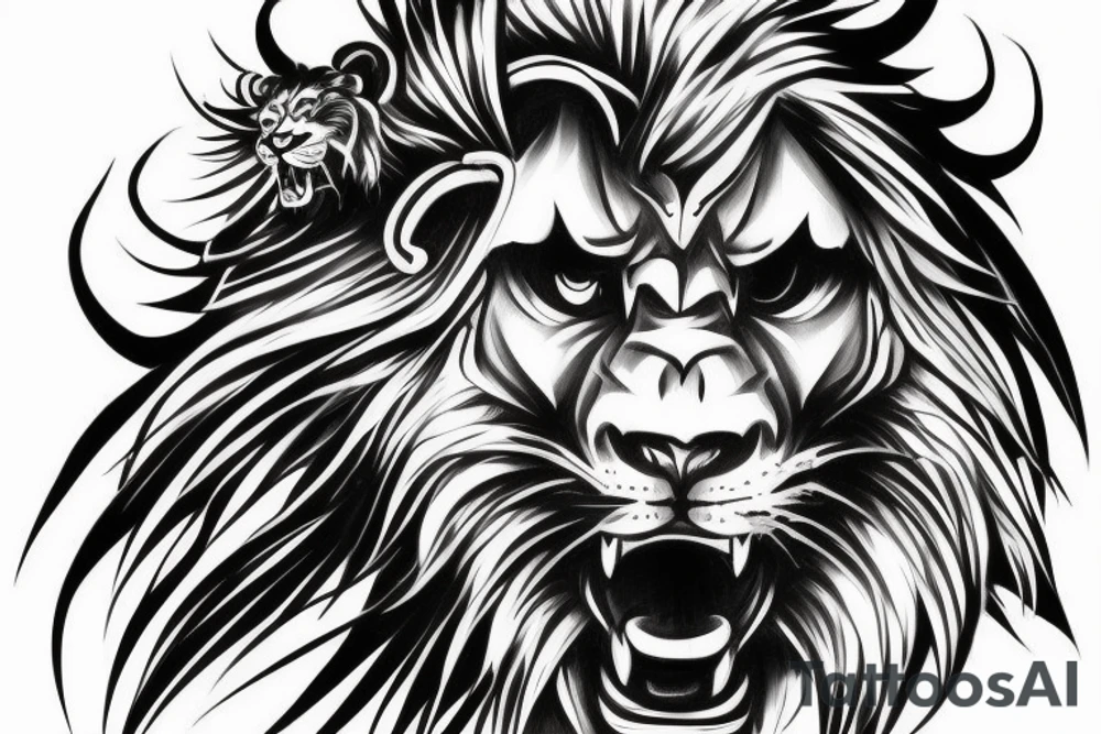 full body samurai with sword mixed with half face of a lion with scar on it's eye, witch mane look alike cloud around everything tattoo idea