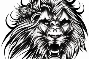 full body samurai with sword mixed with half face of a lion with scar on it's eye, witch mane look alike cloud around everything tattoo idea