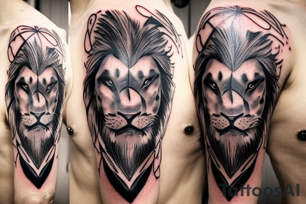 full body samurai with sword mixed with half face of a lion with scar on it's eye, witch mane look alike cloud around everything tattoo idea