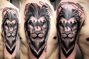 full body samurai with sword mixed with half face of a lion with scar on it's eye, witch mane look alike cloud around everything tattoo idea